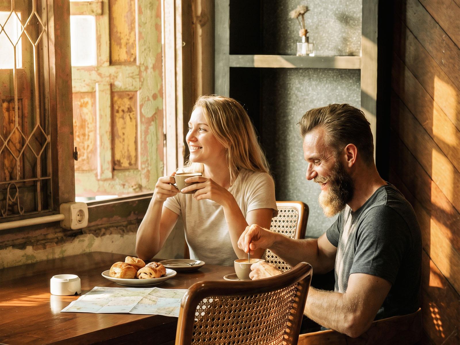 A couple enjoying coffee and breakfast by a wooden window.