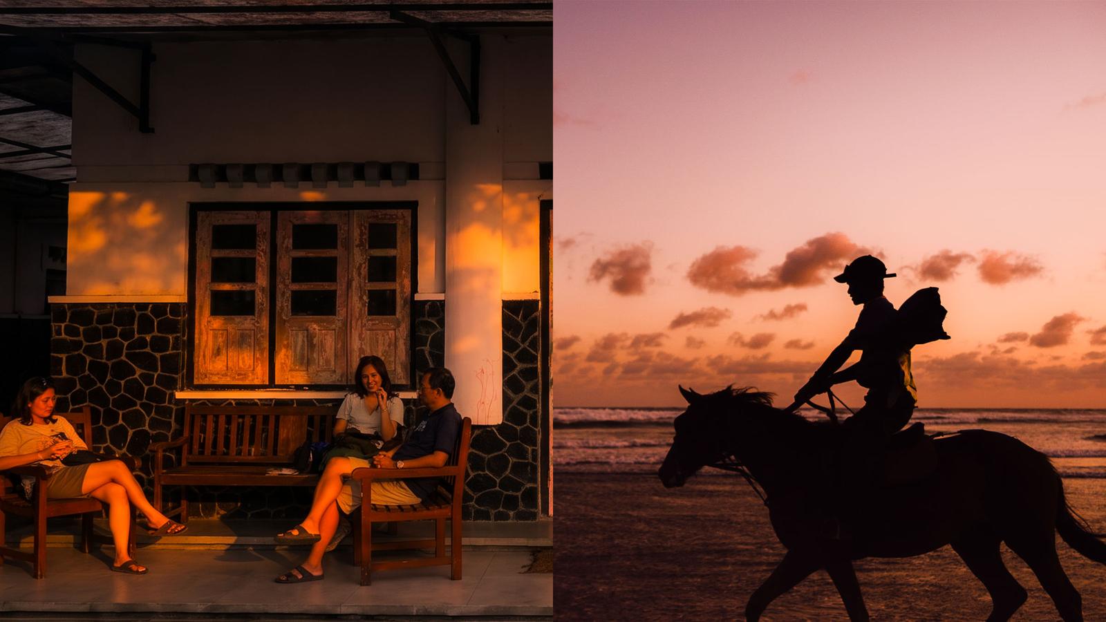 Guests on the porch at golden hour, and a rider on the beach at sunset.